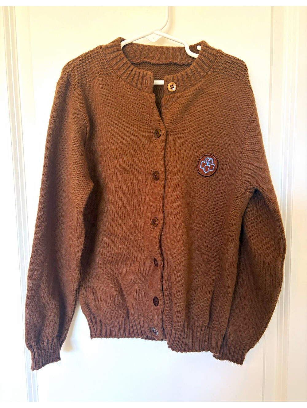 Girl Scouts size M Brown Button-Front Cardigan Sweater Uniform Trefoil Patch